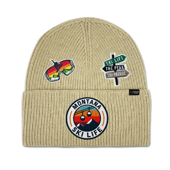 Big Sky, Montana Ski Life Knit Beanie with Appliqué Patches