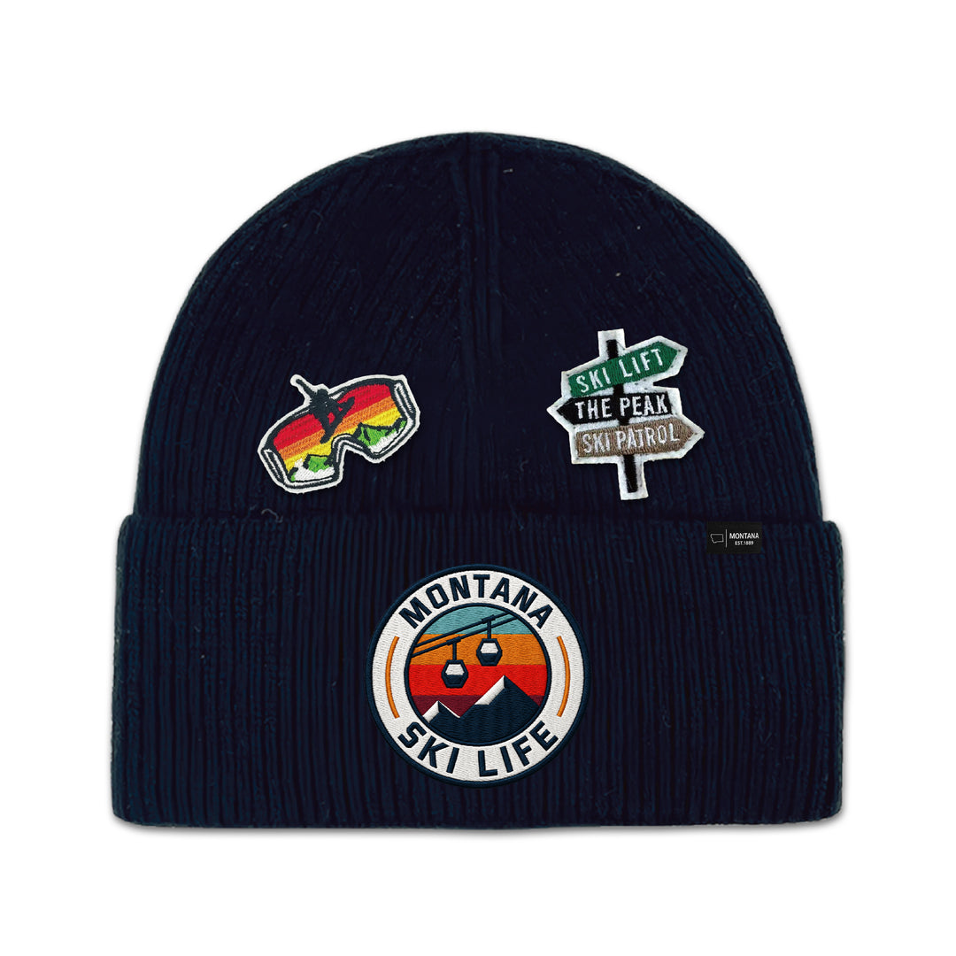 Big Sky, Montana Ski Life Knit Beanie with Appliqué Patches