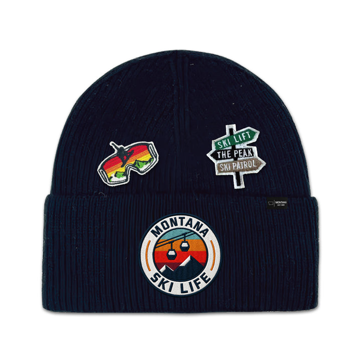 Big Sky, Montana Ski Life Knit Beanie with Appliqué Patches