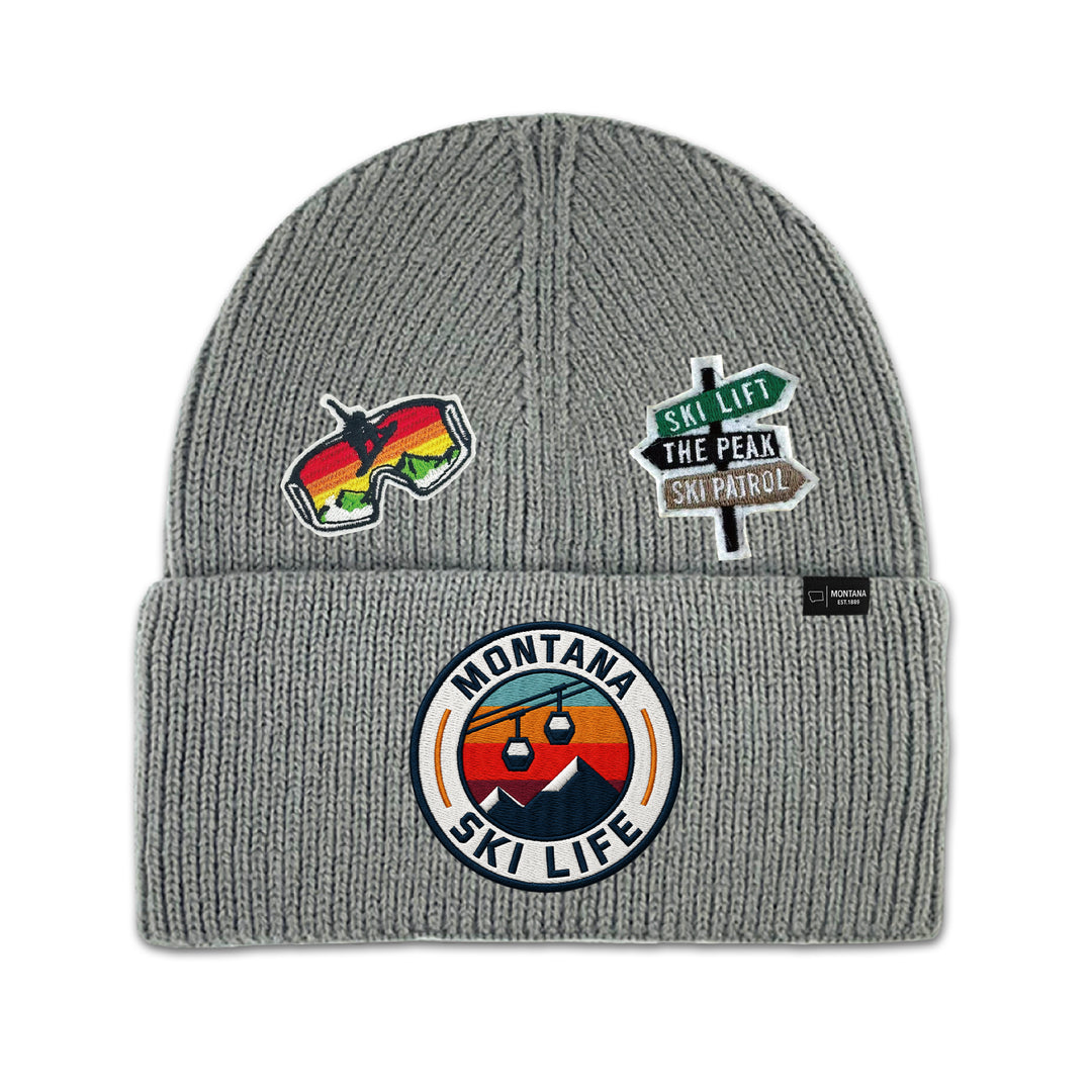 Big Sky, Montana Ski Life Knit Beanie with Appliqué Patches