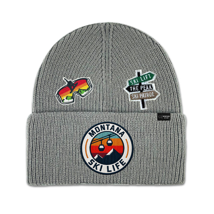 Big Sky, Montana Ski Life Knit Beanie with Appliqué Patches