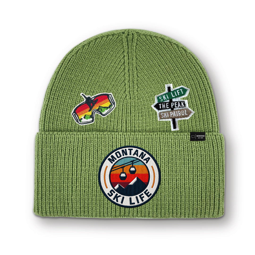 Big Sky, Montana Ski Life Knit Beanie with Appliqué Patches