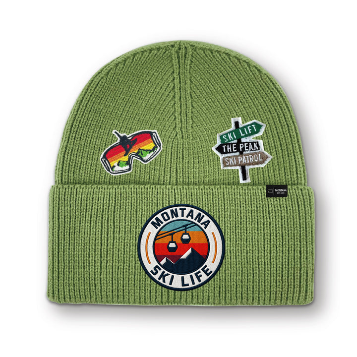 Big Sky, Montana Ski Life Knit Beanie with Appliqué Patches