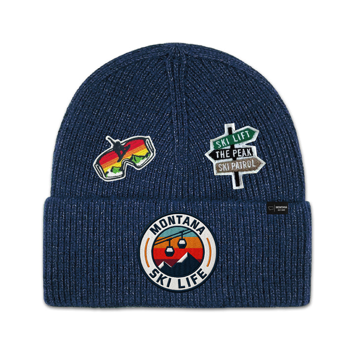 Big Sky, Montana Ski Life Knit Beanie with Appliqué Patches