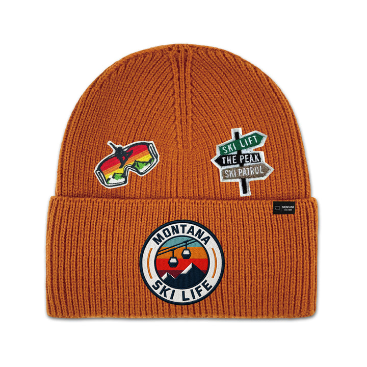Big Sky, Montana Ski Life Knit Beanie with Appliqué Patches