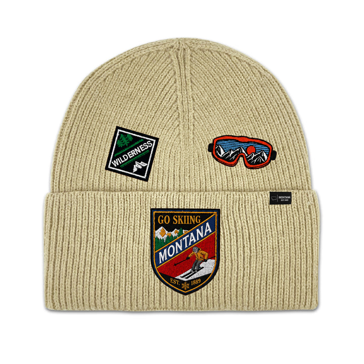 Big Sky, Montana Go Skiing Knit Beanie with Appliqué Patches