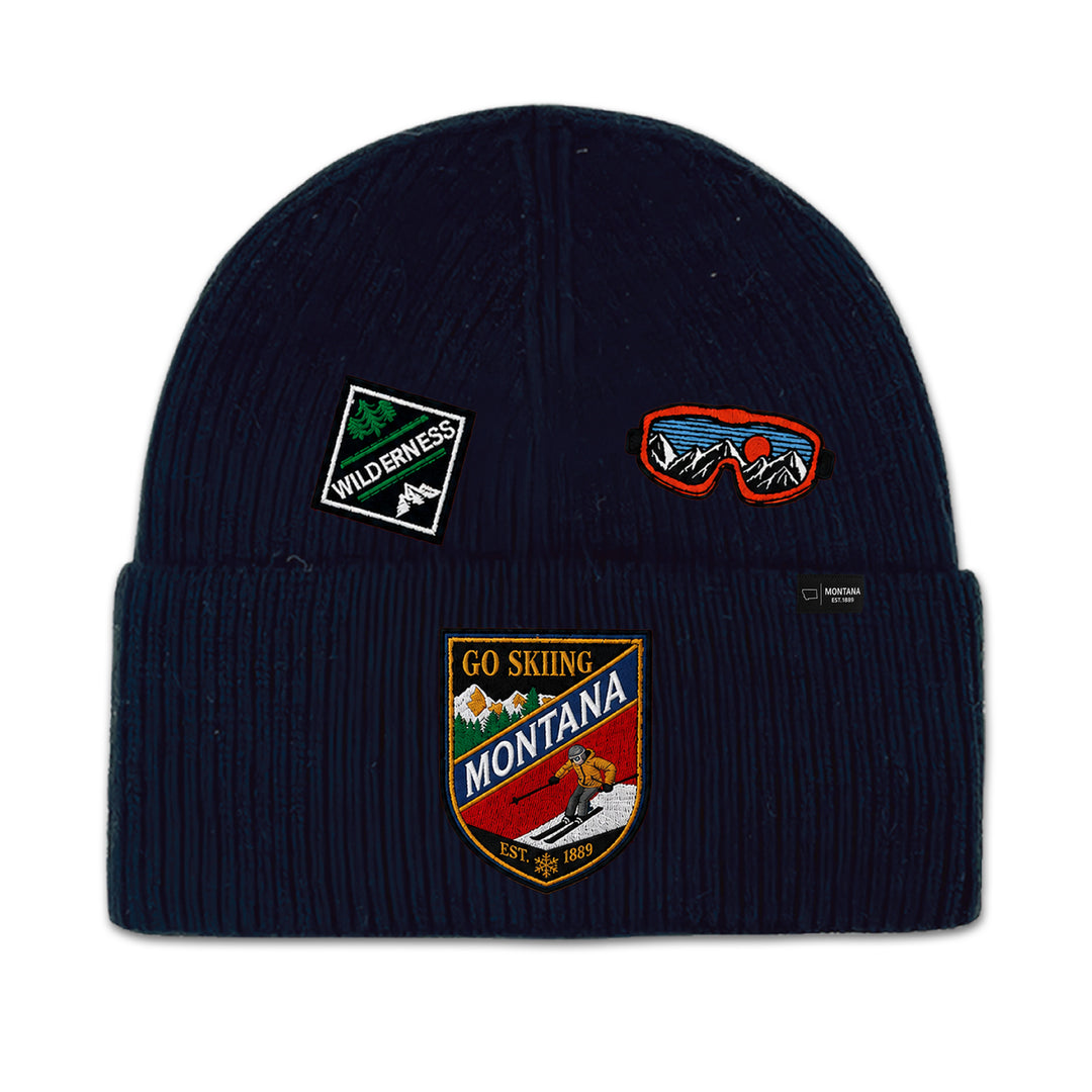 Big Sky, Montana Go Skiing Knit Beanie with Appliqué Patches
