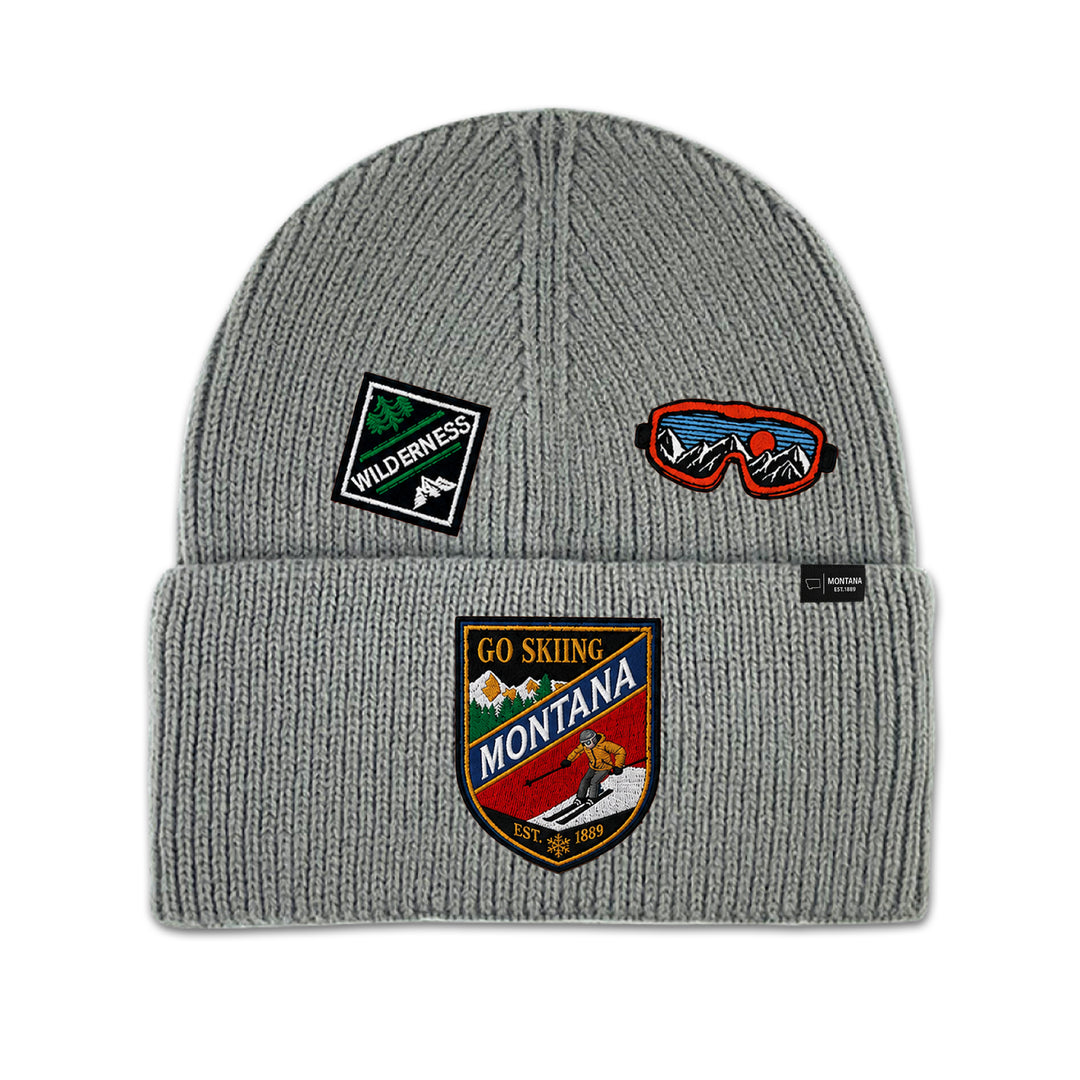Big Sky, Montana Go Skiing Knit Beanie with Appliqué Patches