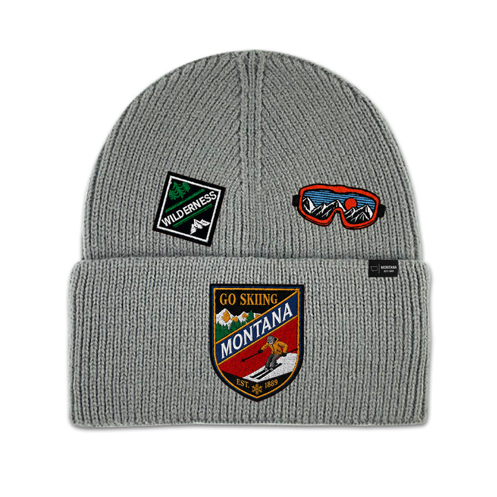 Big Sky, Montana Go Skiing Knit Beanie with Appliqué Patches