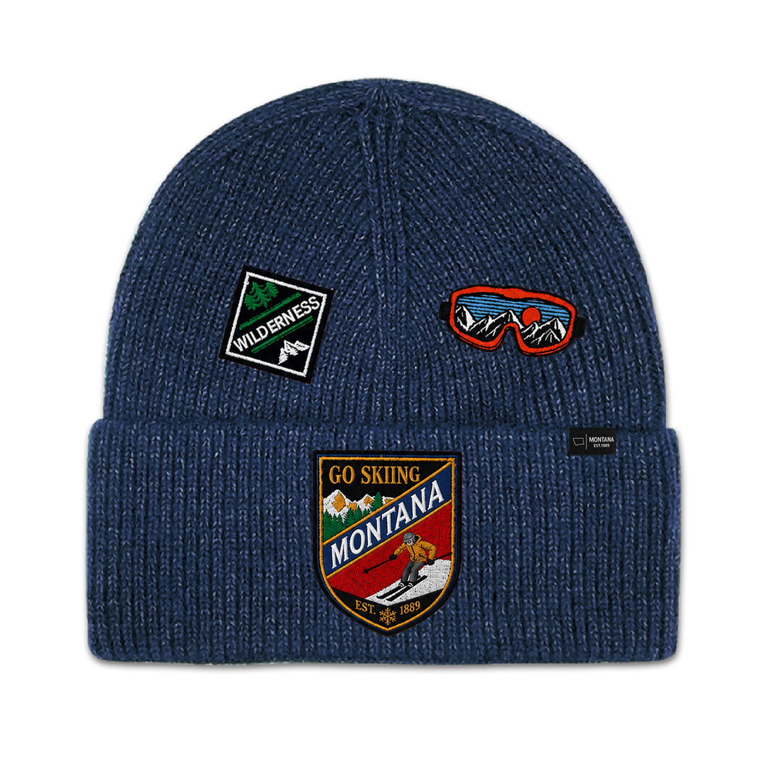 Big Sky, Montana Go Skiing Knit Beanie with Appliqué Patches