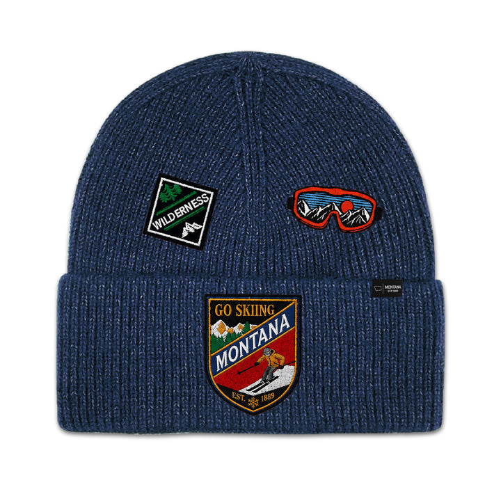 Big Sky, Montana Go Skiing Knit Beanie with Appliqué Patches