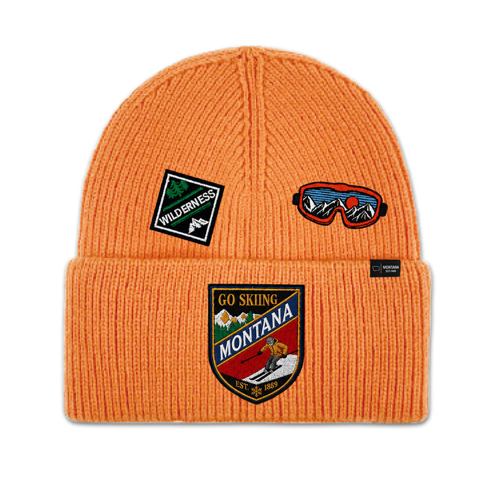 Big Sky, Montana Go Skiing Knit Beanie with Appliqué Patches