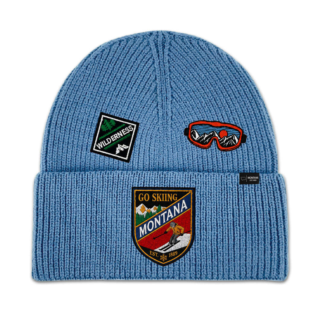 Big Sky, Montana Go Skiing Knit Beanie with Appliqué Patches