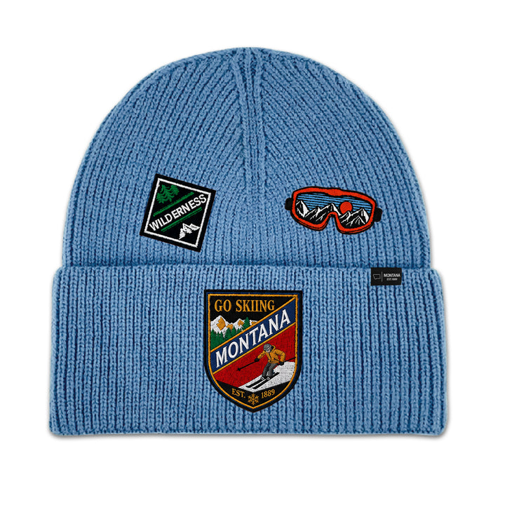 Big Sky, Montana Go Skiing Knit Beanie with Appliqué Patches