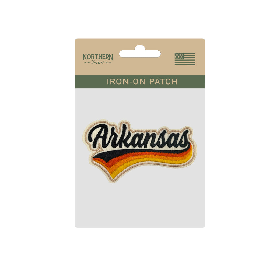 Arkansas Retro Script Embroidered Iron-On Patch | Vintage State Name Travel Souvenir Applique for Jackets, Hats & Backpacks