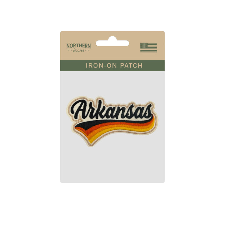 Arkansas Retro Script Embroidered Iron-On Patch | Vintage State Name Travel Souvenir Applique for Jackets, Hats & Backpacks