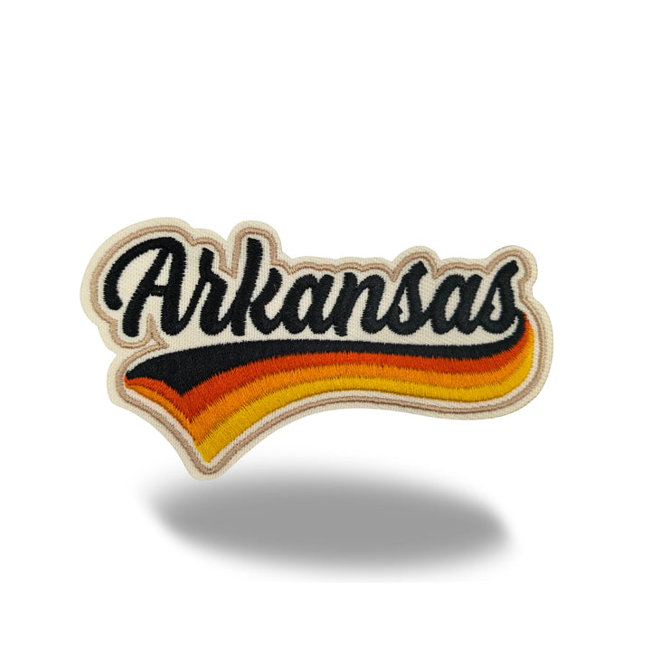 Arkansas Retro Script Embroidered Iron-On Patch | Vintage State Name Travel Souvenir Applique for Jackets, Hats & Backpacks