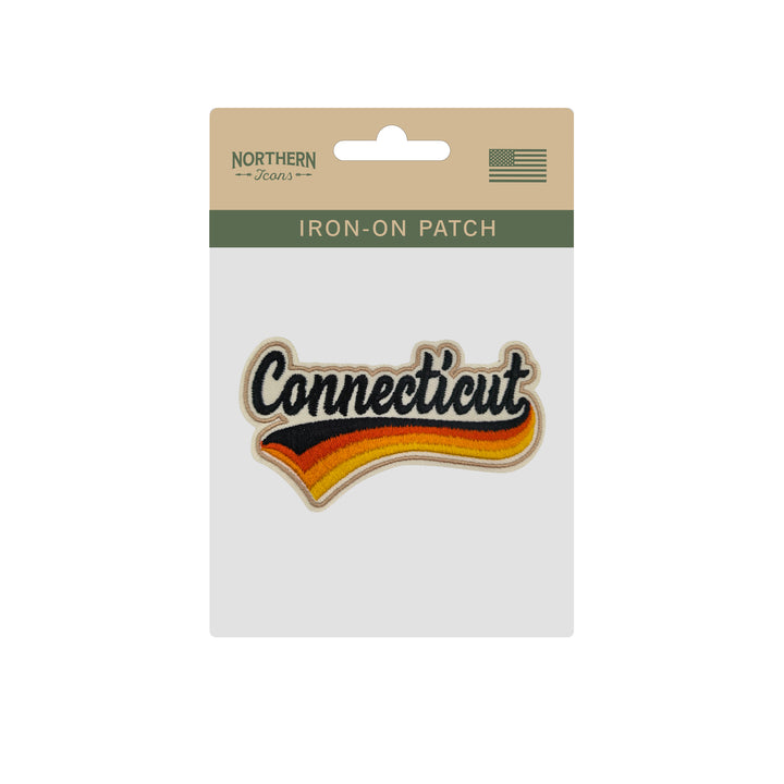 Connecticut Retro Script Embroidered Iron-On Patch | Vintage State Name Travel Souvenir Applique for Jackets, Hats & Backpacks