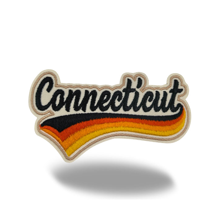 Connecticut Retro Script Embroidered Iron-On Patch | Vintage State Name Travel Souvenir Applique for Jackets, Hats & Backpacks