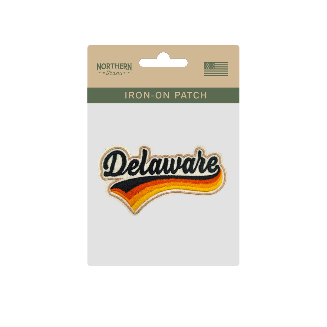 Delaware Retro Script Embroidered Iron-On Patch | Vintage First State Travel Souvenir Applique for Jackets, Hats & Backpacks