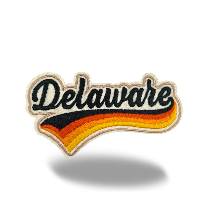 Delaware Retro Script Embroidered Iron-On Patch | Vintage First State Travel Souvenir Applique for Jackets, Hats & Backpacks