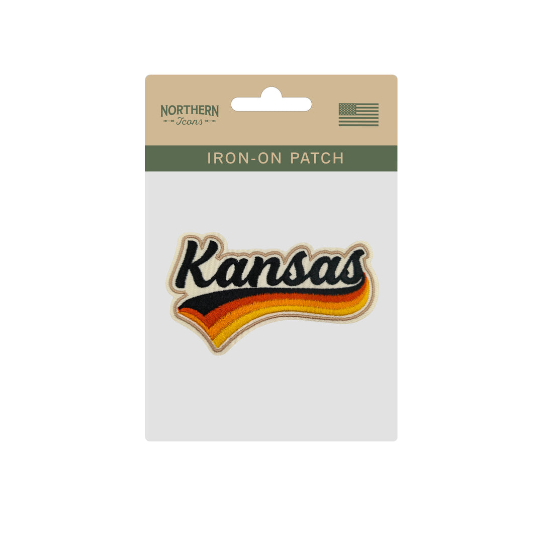 Kansas Retro Script Embroidered Iron-On Patch | Vintage State Name Travel Souvenir Applique for Jackets, Hats & Backpacks