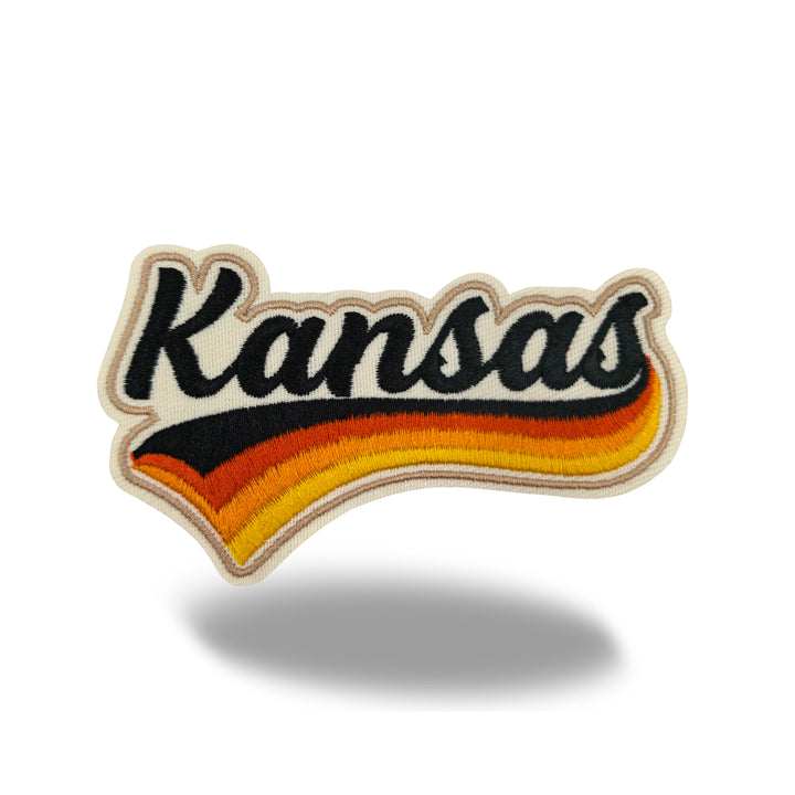Kansas Retro Script Embroidered Iron-On Patch | Vintage State Name Travel Souvenir Applique for Jackets, Hats & Backpacks