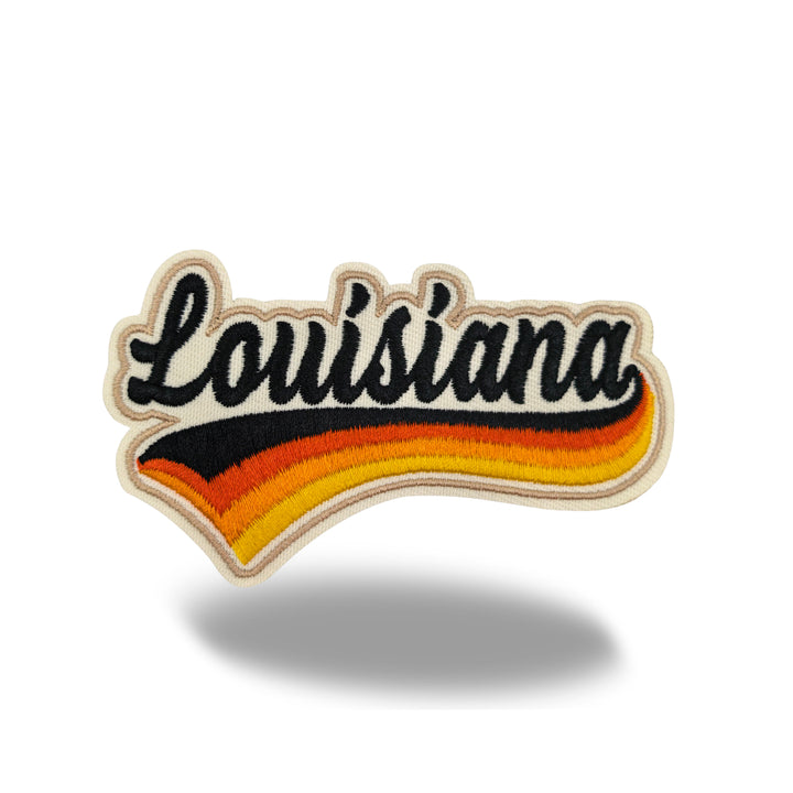 Louisiana Retro Script Embroidered Iron-On Patch | Vintage State Name Travel Souvenir Applique for Jackets, Hats & Backpacks