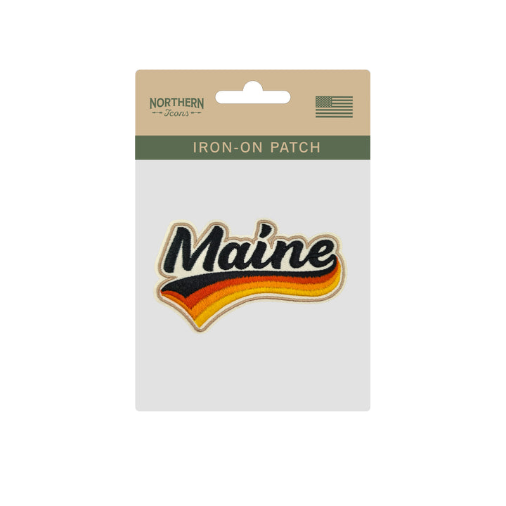 Maine Retro Script Embroidered Iron-On Patch | Vintage Pine Tree State Travel Souvenir Applique for Jackets, Hats & Backpacks