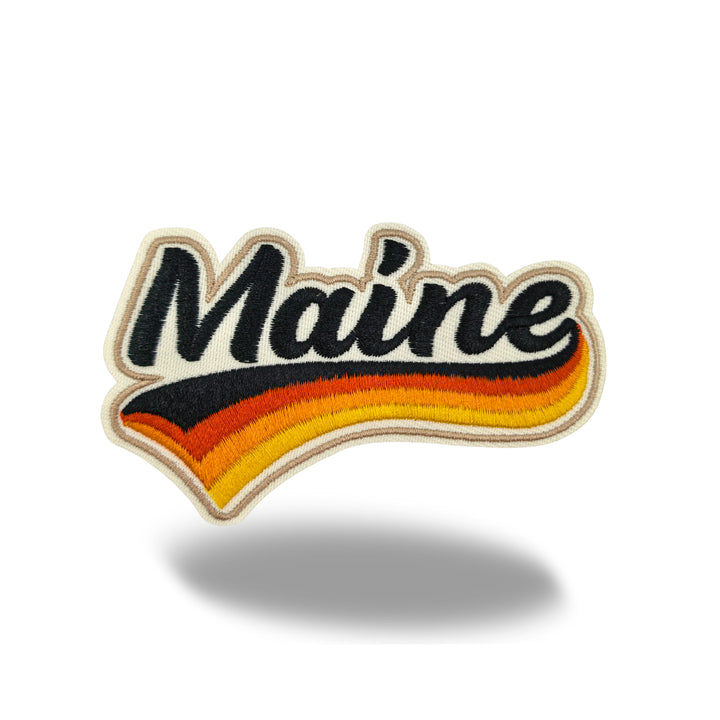 Maine Retro Script Embroidered Iron-On Patch | Vintage Pine Tree State Travel Souvenir Applique for Jackets, Hats & Backpacks