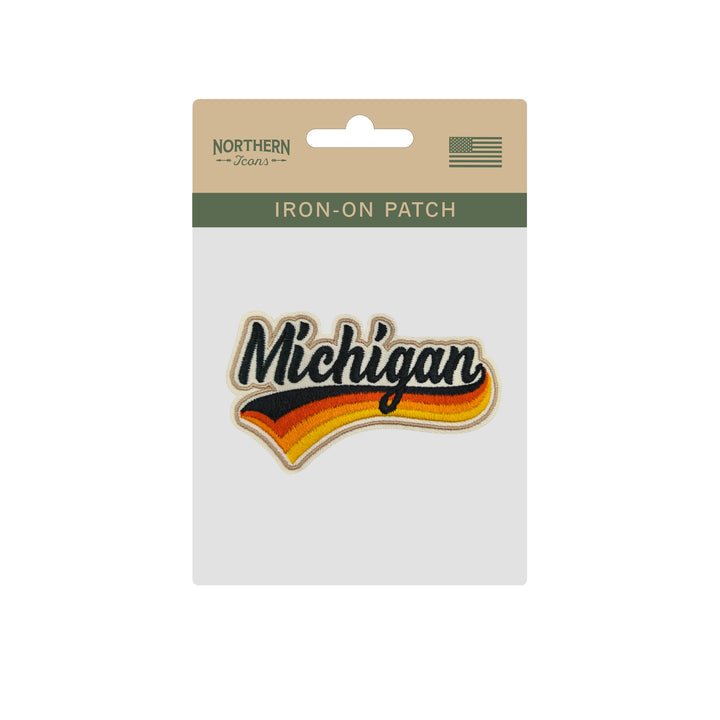 Michigan Retro Script Embroidered Iron-On Patch | Vintage State Name Travel Souvenir Applique for Jackets, Hats & Backpacks