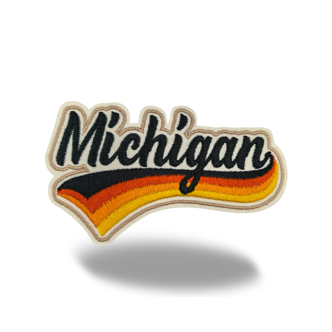 Michigan Retro Script Embroidered Iron-On Patch | Vintage State Name Travel Souvenir Applique for Jackets, Hats & Backpacks