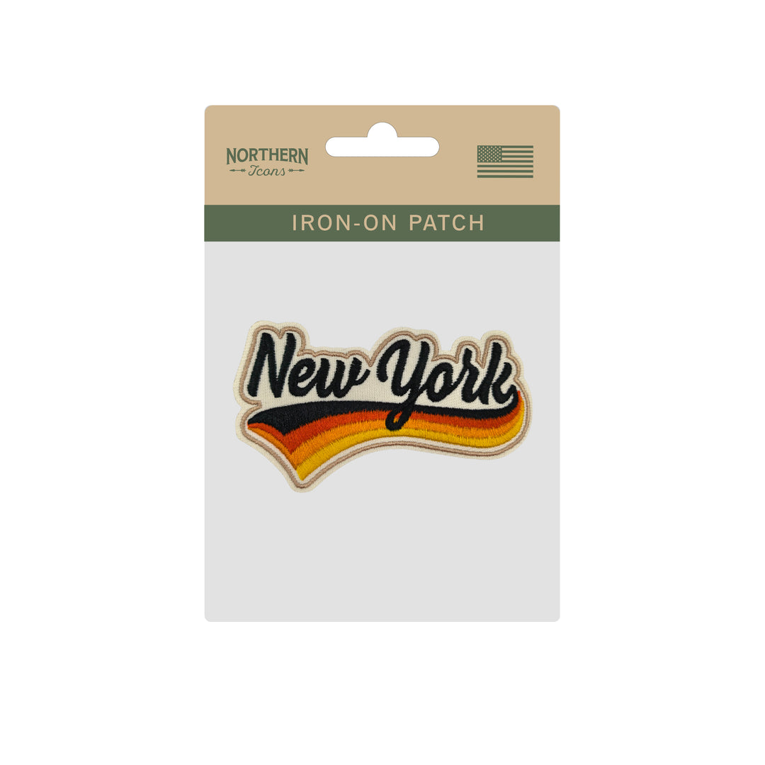 New York Retro Script Embroidered Iron-On Patch | Vintage State Name Travel Souvenir Applique for Jackets, Hats & Backpacks