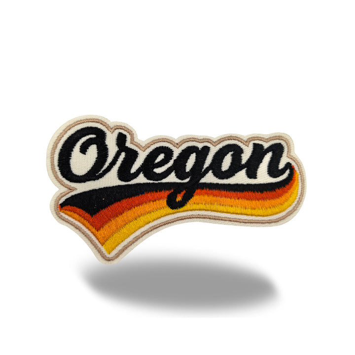 Oregon Retro Script Embroidered Iron-On Patch | Vintage State Name Travel Souvenir Applique for Jackets, Hats & Backpacks