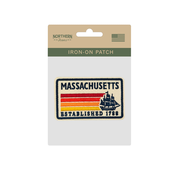 Massachusetts Sailing Ship Retro Embroidered Iron-On Patch | Vintage Travel Souvenir Applique for Jackets, Backpacks & Hats