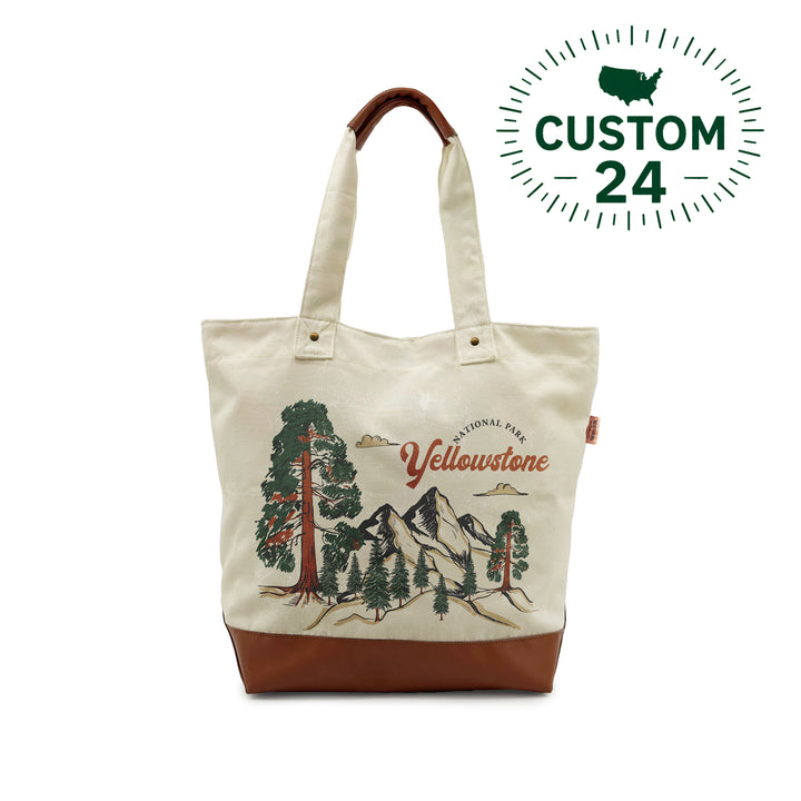 Yellowstone National Park Canvas Tote Bag – Retro Leather Accent Outdoor Adventure Bag