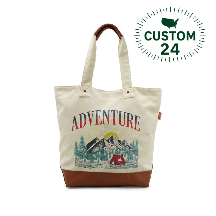 Adventure Canvas Tote Bag with Leather Bottom – Vintage Camping Mountain Travel Bag
