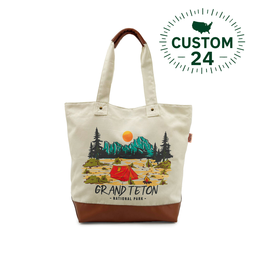 Grand Teton National Park Canvas Tote Bag with Leather Bottom – Vintage Camping Adventure Bag
