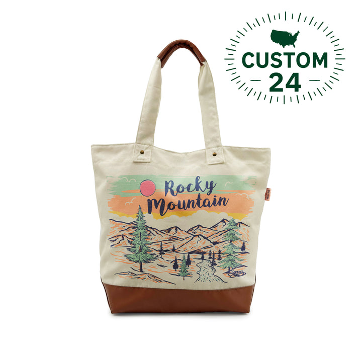 Rocky Mountain National Park Canvas Tote Bag with Leather Bottom – Retro Outdoor Travel Bag
