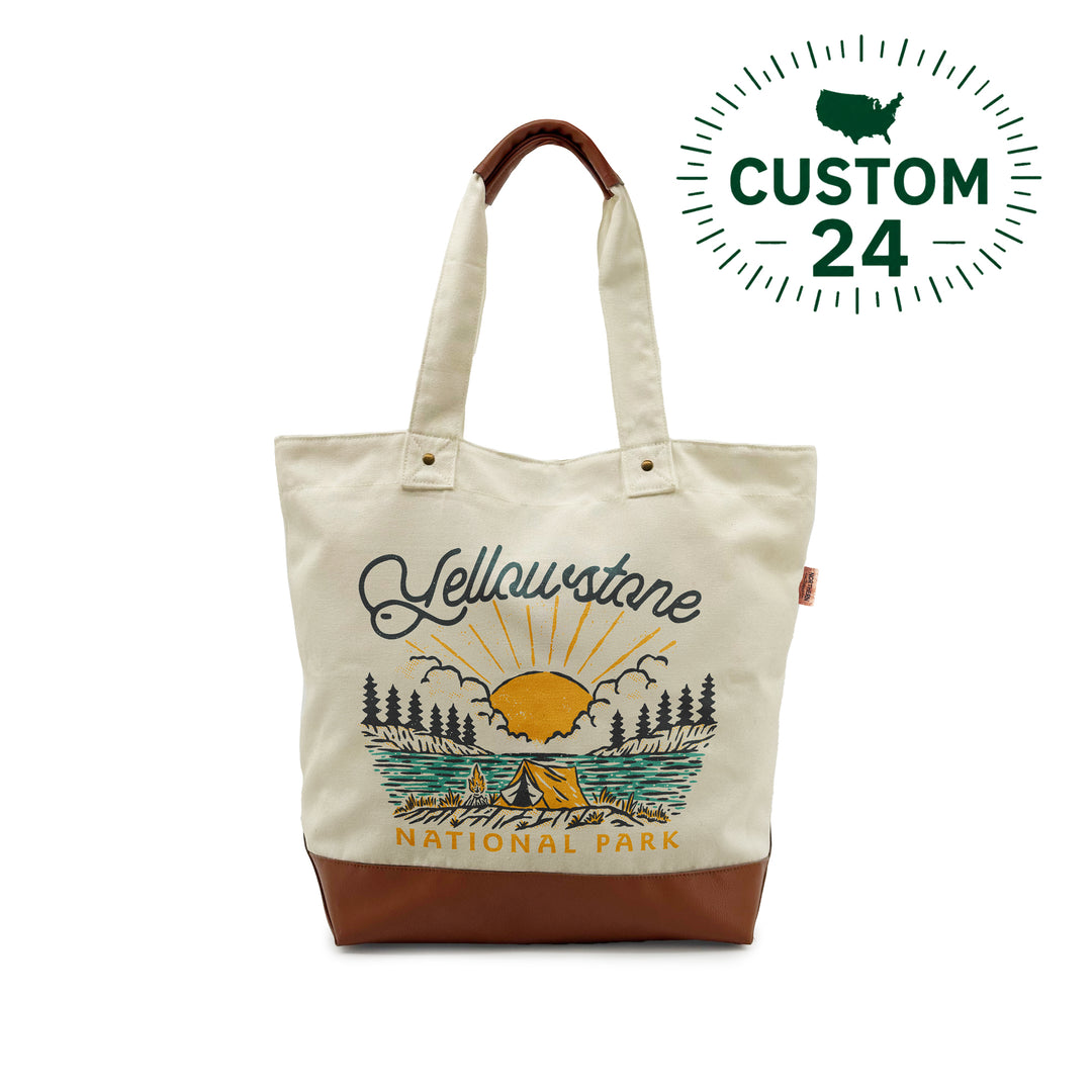 Yellowstone National Park Canvas Tote Bag with Leather Bottom – Retro Camping Adventure Bag