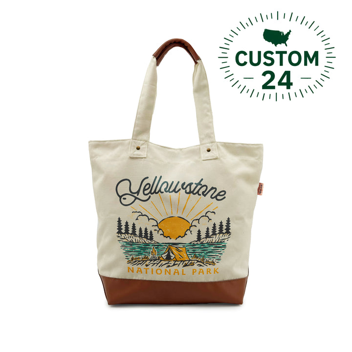 Yellowstone National Park Canvas Tote Bag with Leather Bottom – Retro Camping Adventure Bag
