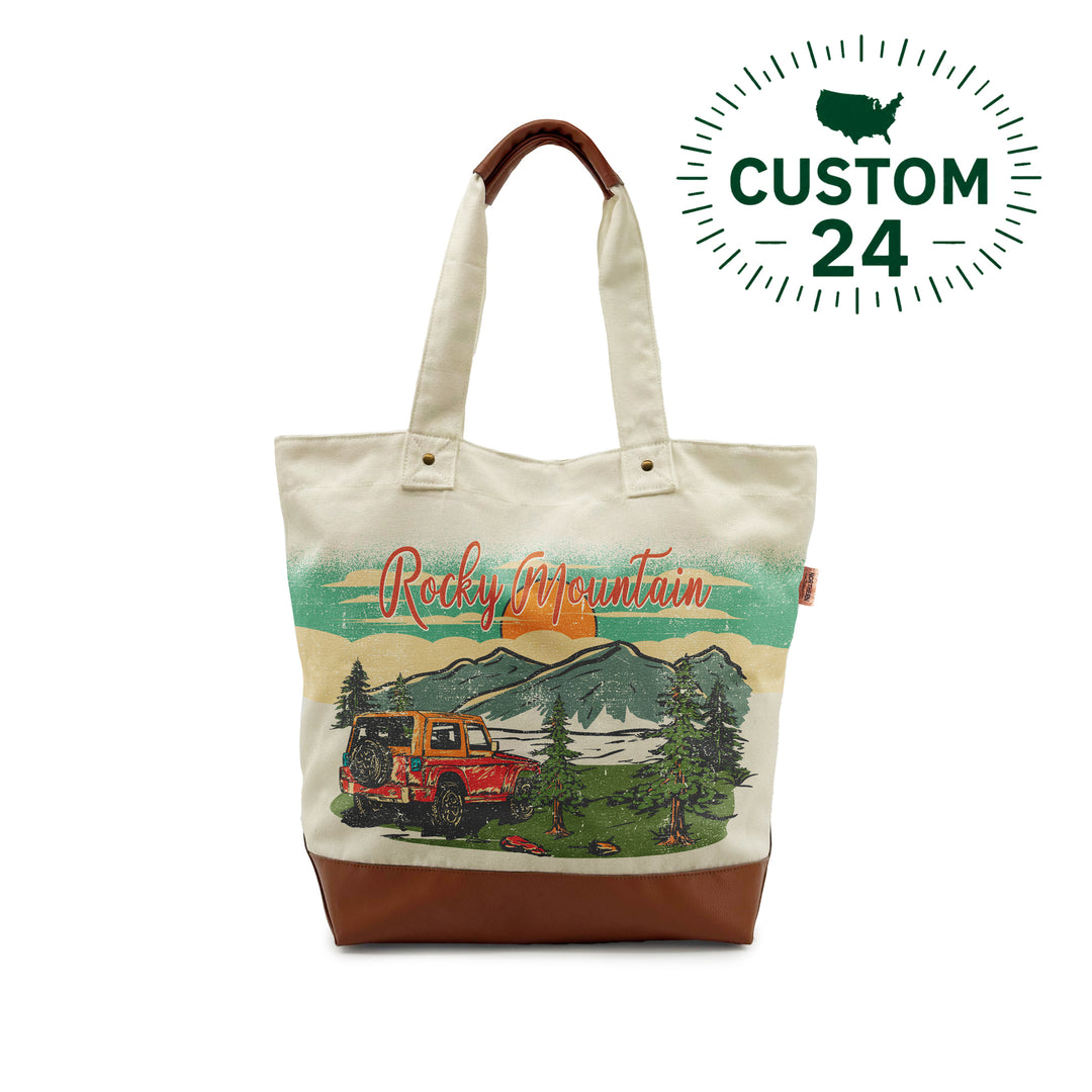 Rocky Mountain Canvas Tote Bag with Leather Accents – Vintage Outdoor Adventure Shoulder Bag