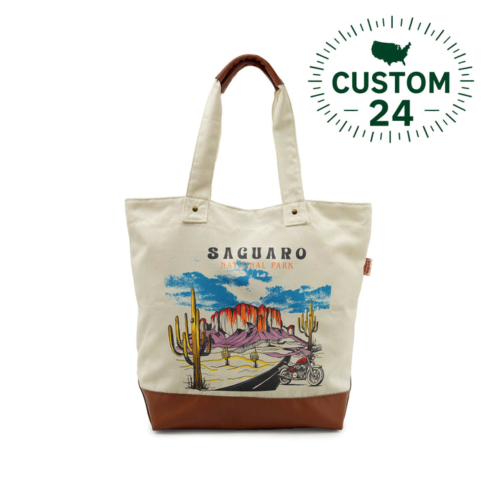 Saguaro National Park Canvas Tote Bag with Leather Accents – Vintage Desert Adventure Shoulder Bag