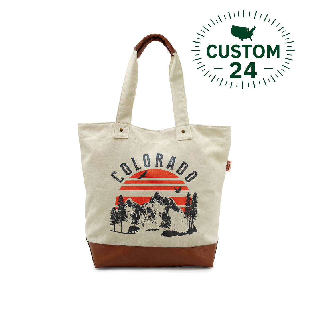 Colorado Mountain Sunset Canvas Tote Bag with Leather Accents – Vintage Outdoor Adventure Shoulder Bag