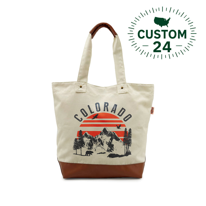 Colorado Mountain Sunset Canvas Tote Bag with Leather Accents – Vintage Outdoor Adventure Shoulder Bag