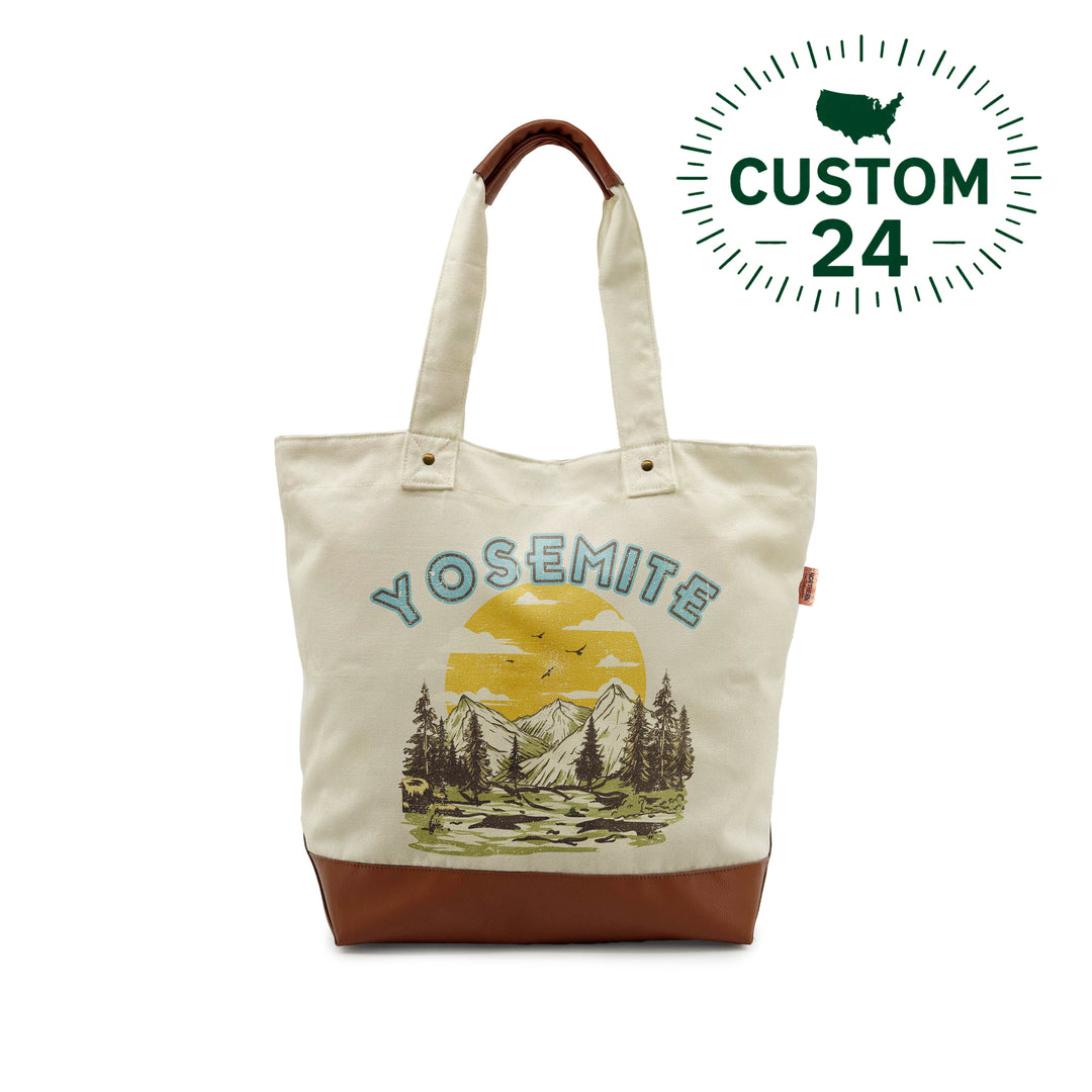 Yosemite National Park Canvas Tote Bag with Leather Accents – Vintage Adventure Travel Shoulder Bag