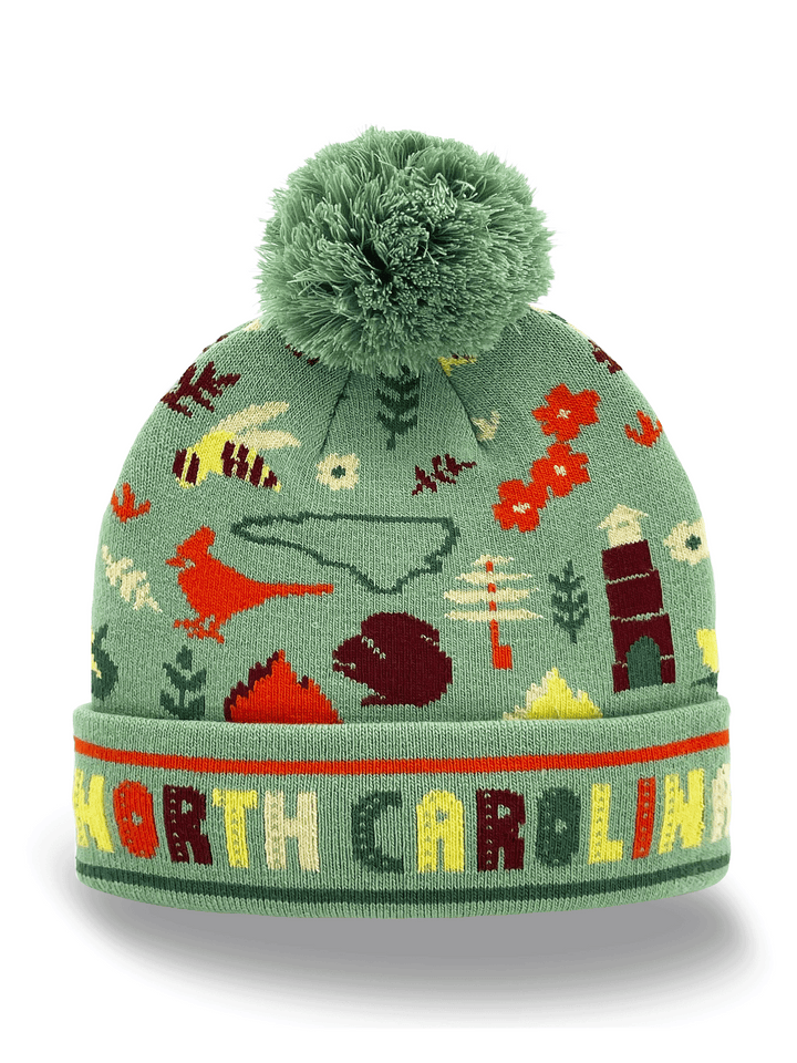 North Carolina Knit Beanie with Lighthouse, Cardinal, Mountains & State Icons