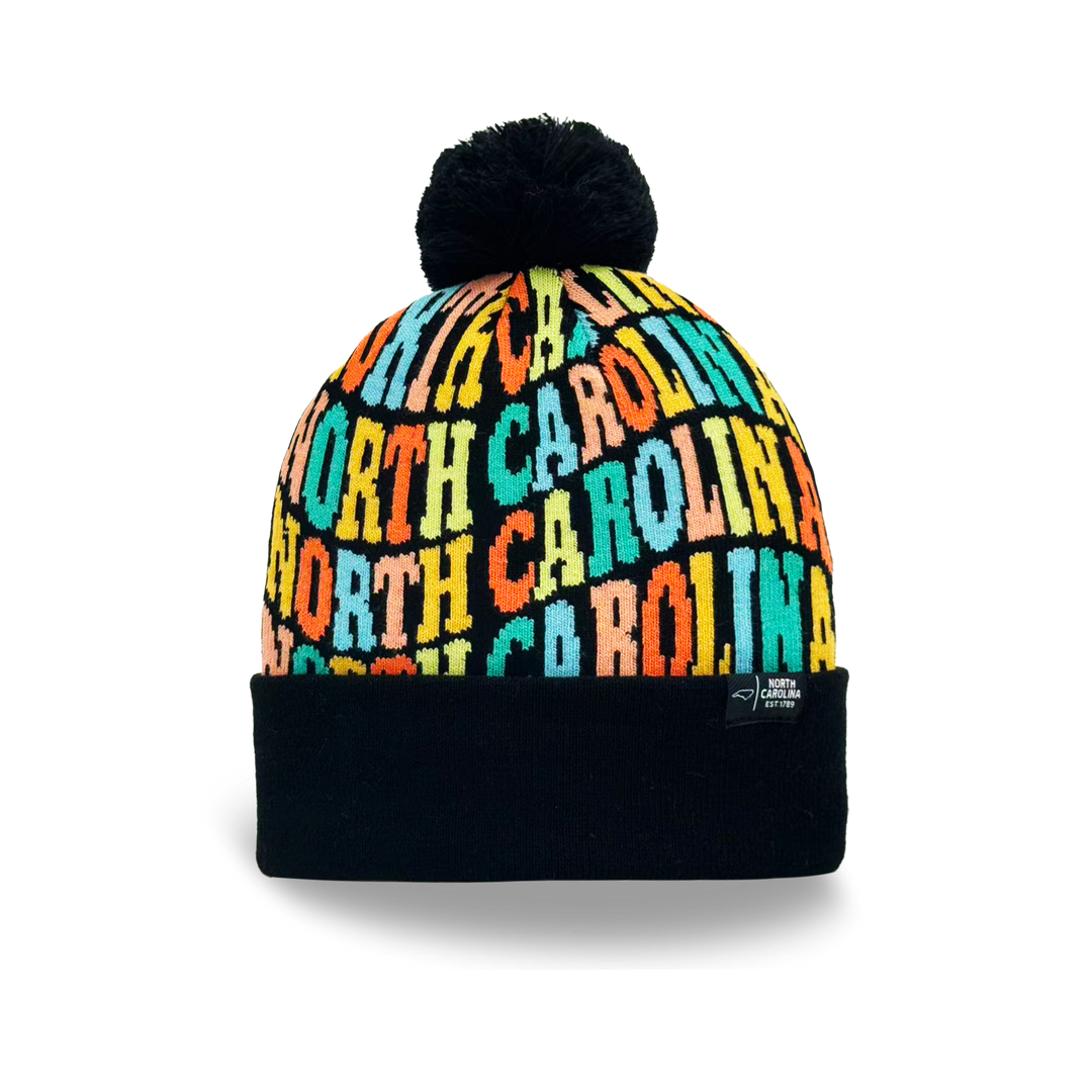 North Carolina Colorful Letter Knit Beanie – Retro Pom Pom Winter Hat with Bold Typography