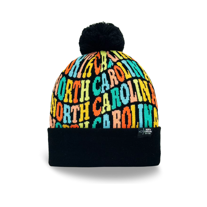 North Carolina Colorful Letter Knit Beanie – Retro Pom Pom Winter Hat with Bold Typography