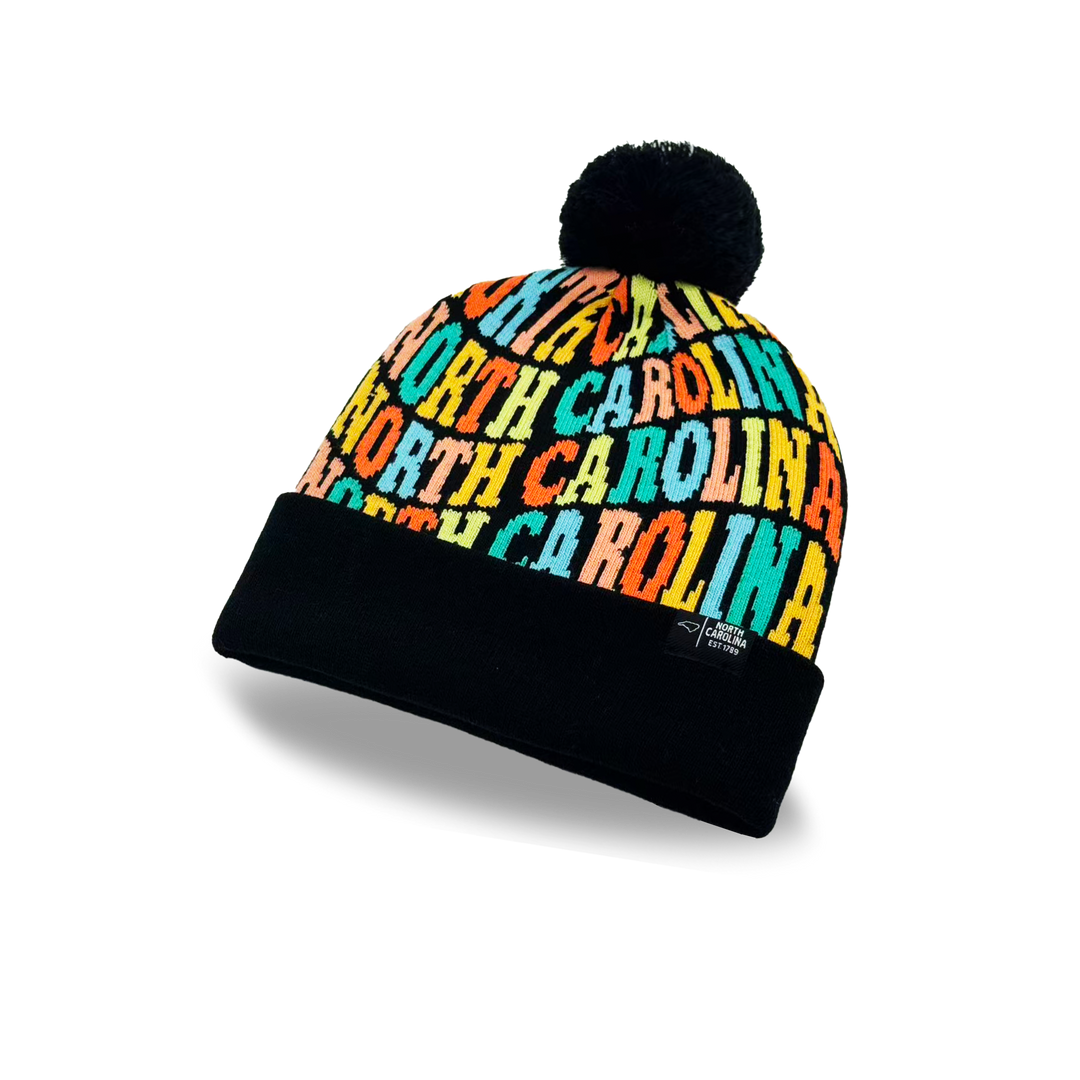North Carolina Colorful Letter Knit Beanie – Retro Pom Pom Winter Hat with Bold Typography